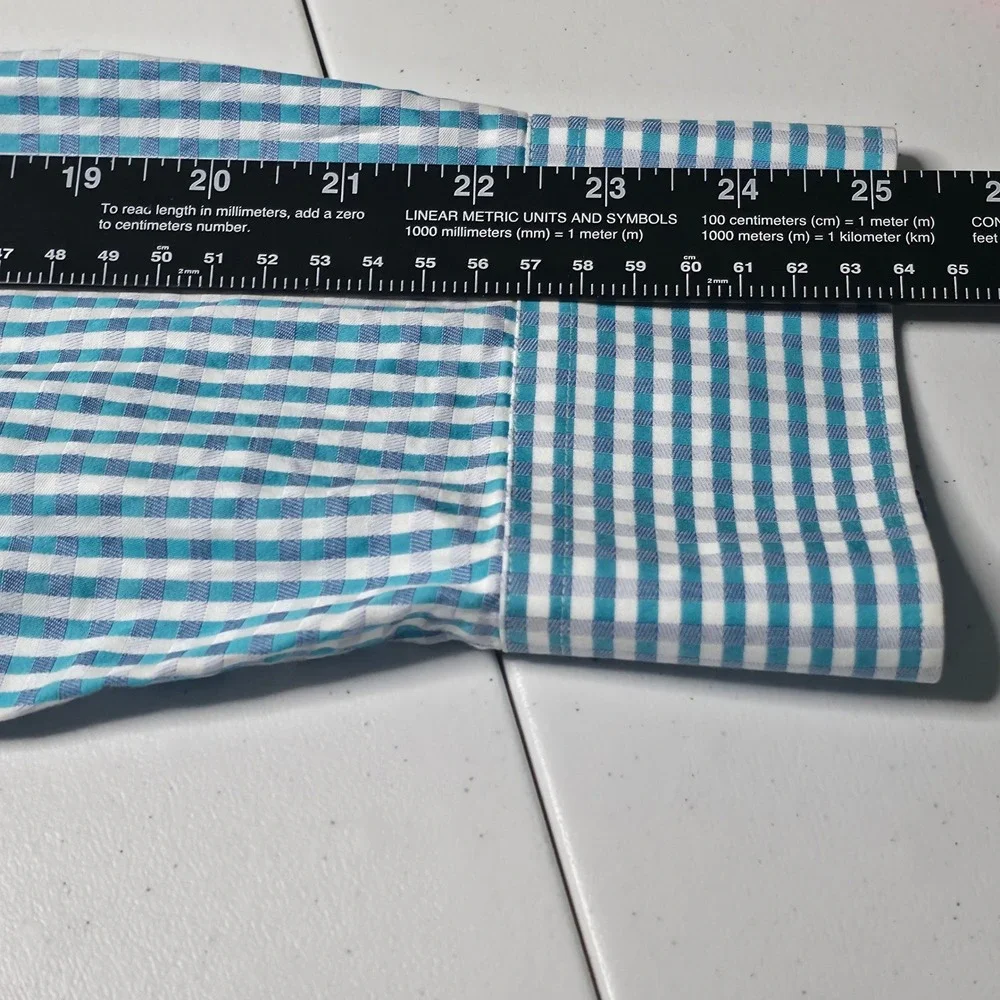 Bugatchi Uomo Mens Blue White Gingham Check Long Sleeve Button Up Shirt‎ 16.5 34